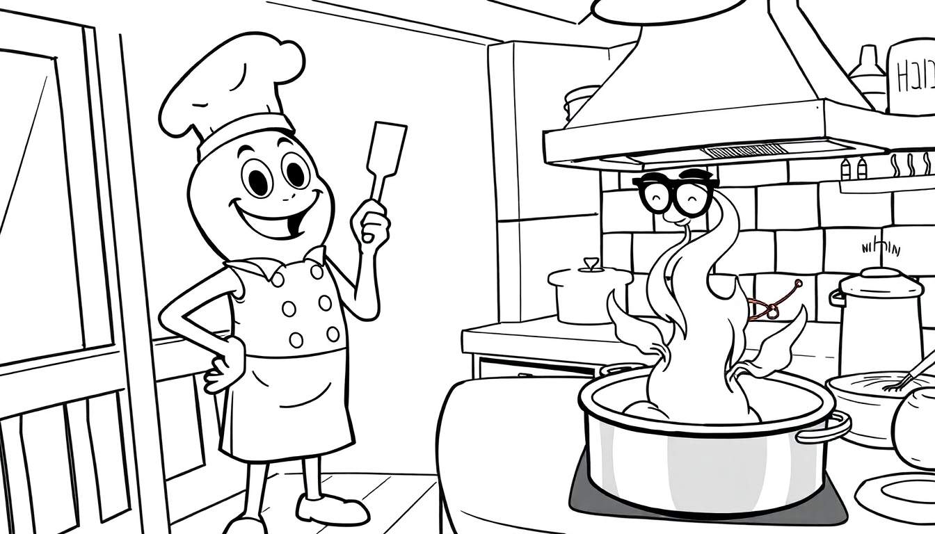 Desenho animado de um personagem em forma de ovo com chapéu de chef, segurando uma espátula, perto de uma panela fumegante com um rosto de chama sorridente.