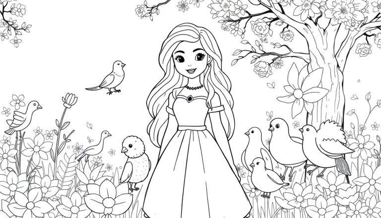 Um desenho em preto e branco de Branca de Neve em uma floresta colorida com pássaros e flores, pronto para ser pintado no color panel.