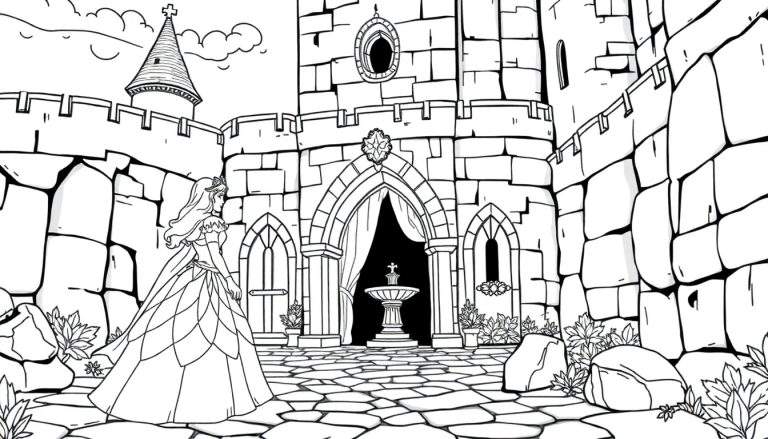 Um color panel de um castelo em preto e branco com uma princesa no primeiro plano.