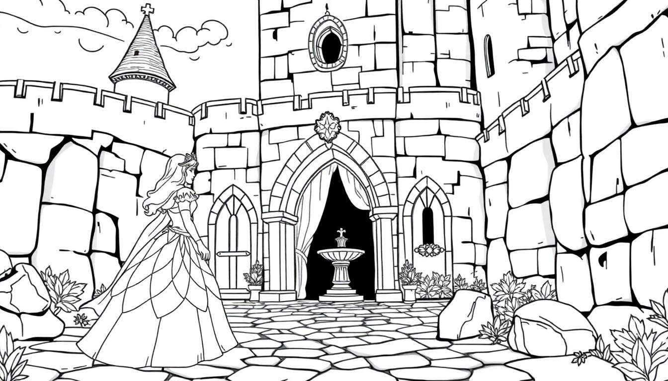 Um color panel de um castelo em preto e branco com uma princesa no primeiro plano.
