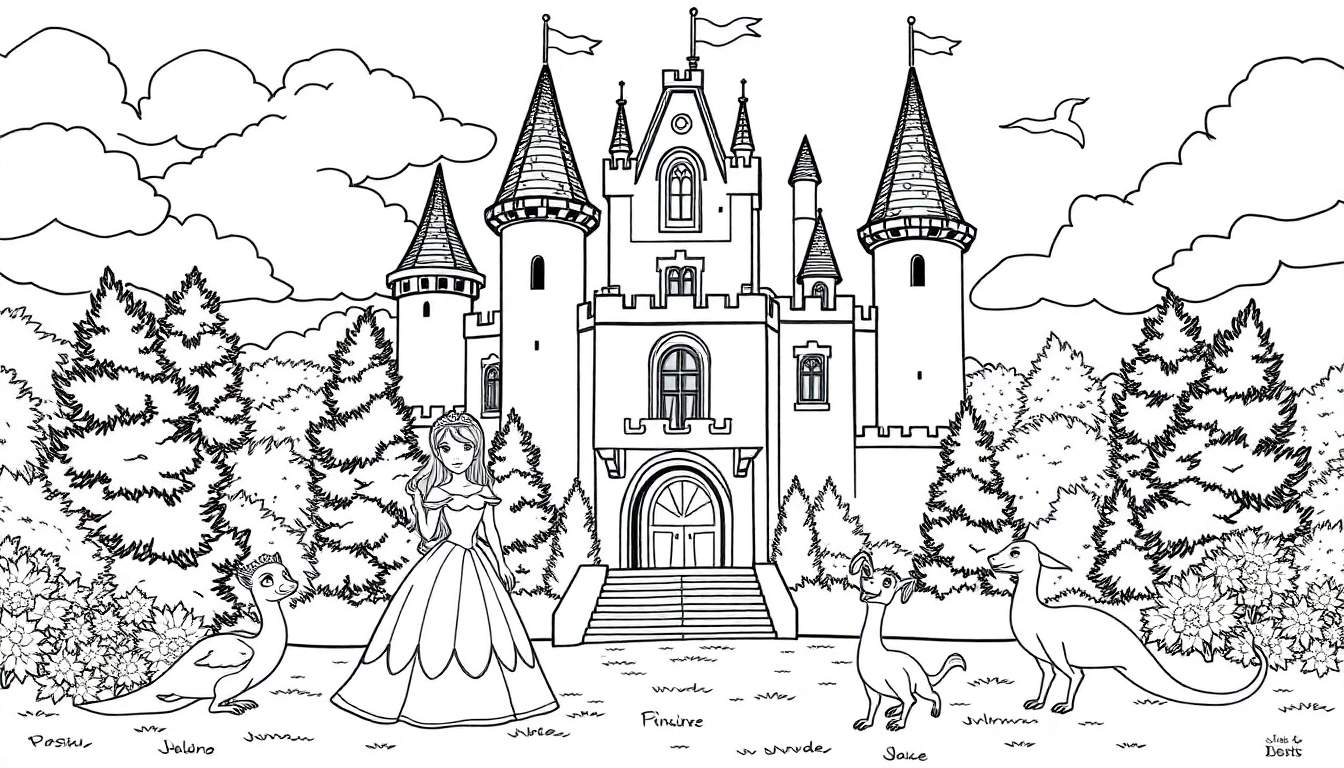 Uma princesa em frente a um castelo em um desenho em preto e branco para colorir. Criaturas parecidas com dragões e um pássaro estão presentes. A paisagem inclui árvores e nuvens.