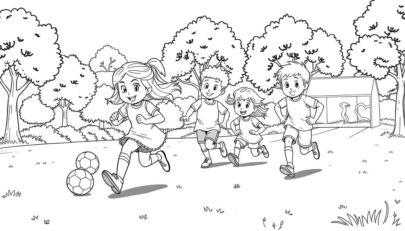 Desenho em preto e branco de crianças a correr num parque.