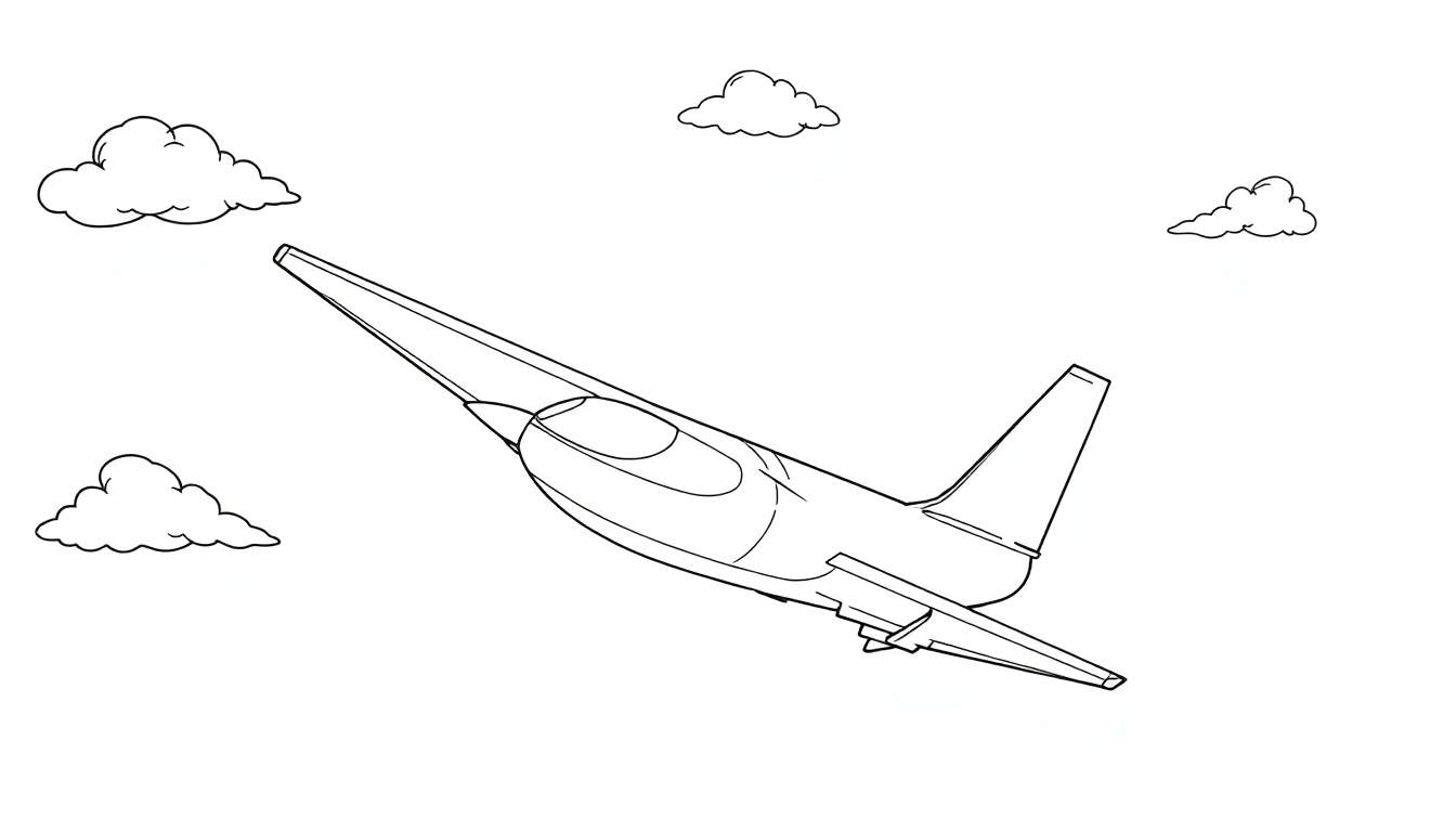 Um avião simples em estilo de desenho linear voando entre nuvens, com espaço para colorir.