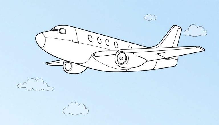 Um avião branco estilo desenho animado, com contorno preto, voa da esquerda para a direita no céu azul claro, com nuvens brancas espalhadas. Este color panel é ideal para colorir.