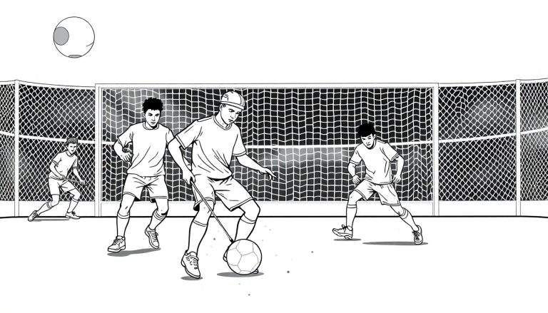 Um desenho a preto e branco de um jogo de futebol indoor com jogadores, uma baliza e uma bola semelhante à lua no céu, um color panel vibrante de ação.