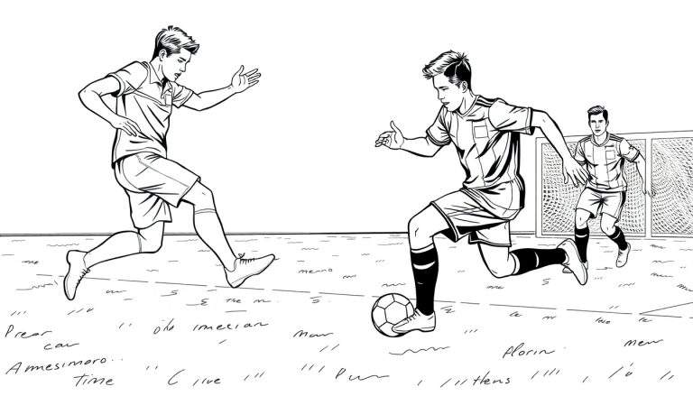 Desenho a preto e branco de jogadores de futebol correndo em campo, um deles chutando a bola. Um color panel com texto aleatório está visível.