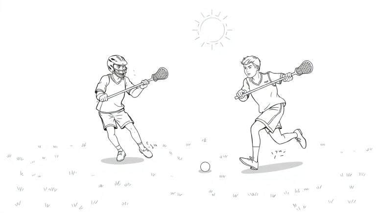 Dois jogadores de lacrosse com seus tacos coloridos, um pronto para jogar, outro correndo atrás da bola em um campo verde vibrante. O céu tem um sol brilhante e desenhado.