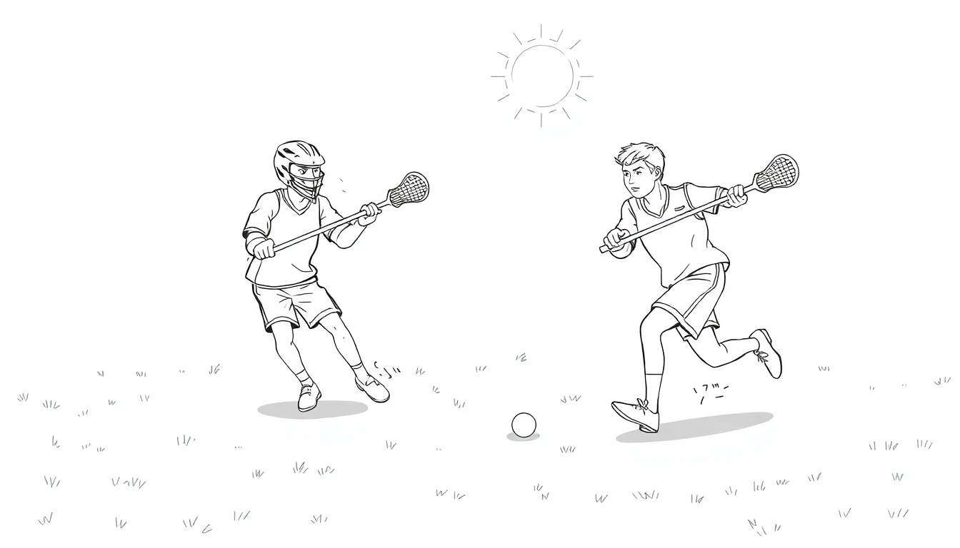 Dois jogadores de lacrosse com seus tacos coloridos, um pronto para jogar, outro correndo atrás da bola em um campo verde vibrante. O céu tem um sol brilhante e desenhado.