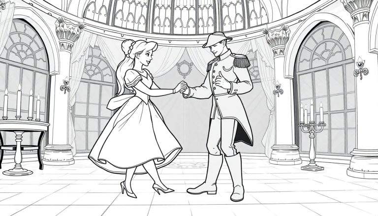 Um homem de terno e chapéu dança com uma mulher de vestido de baile em um salão ornamentado com janelas altas, colunas e um candelabro. Eles seguram as mãos e se olham, em um ambiente elegante e romântico. O chão é ladrilhado e as paredes possuem molduras elaboradas. Este color panel evoca um baile de contos de fadas.