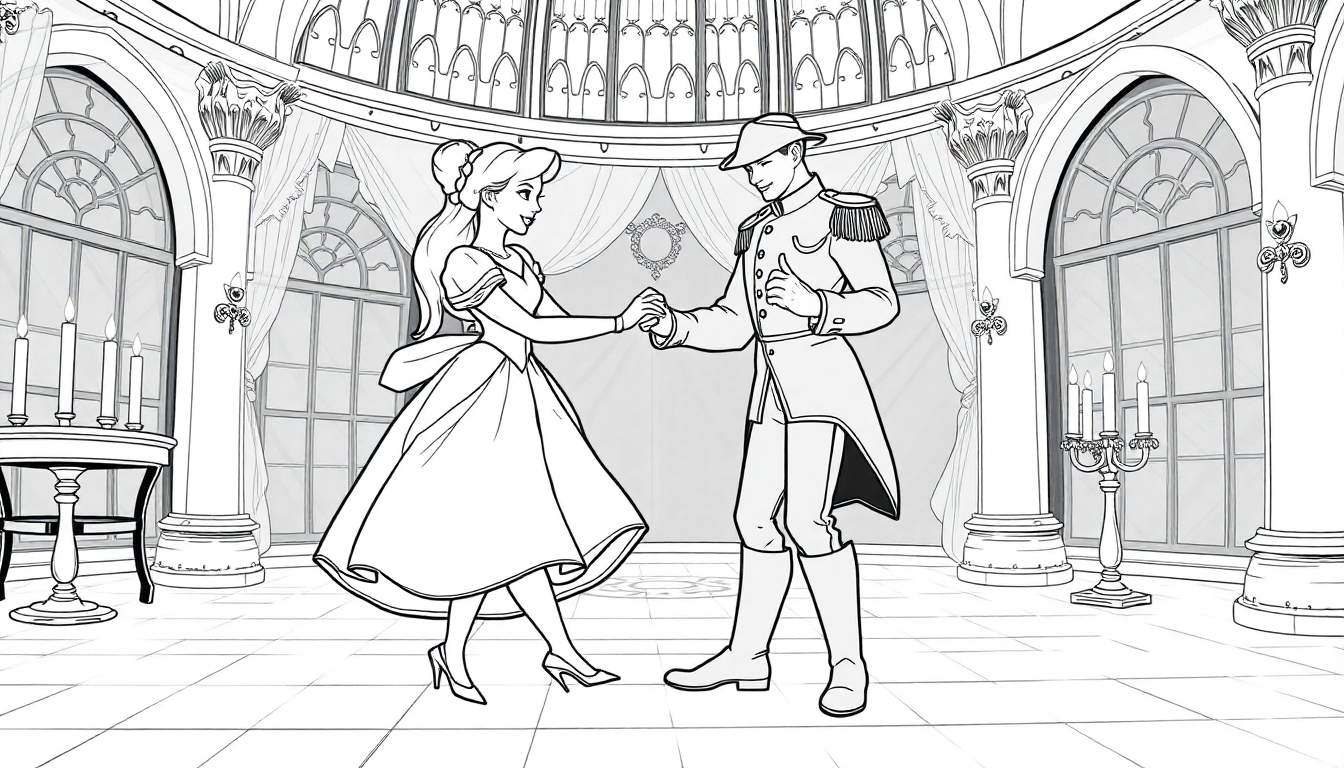Um homem de terno e chapéu dança com uma mulher de vestido de baile em um salão ornamentado com janelas altas, colunas e um candelabro. Eles seguram as mãos e se olham, em um ambiente elegante e romântico. O chão é ladrilhado e as paredes possuem molduras elaboradas. Este color panel evoca um baile de contos de fadas.