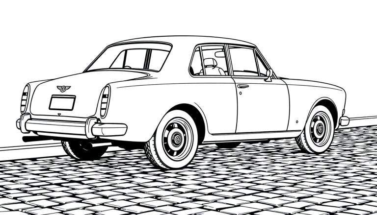 Um Bentley clássico em preto e branco, com um painel de colorir à sua frente.