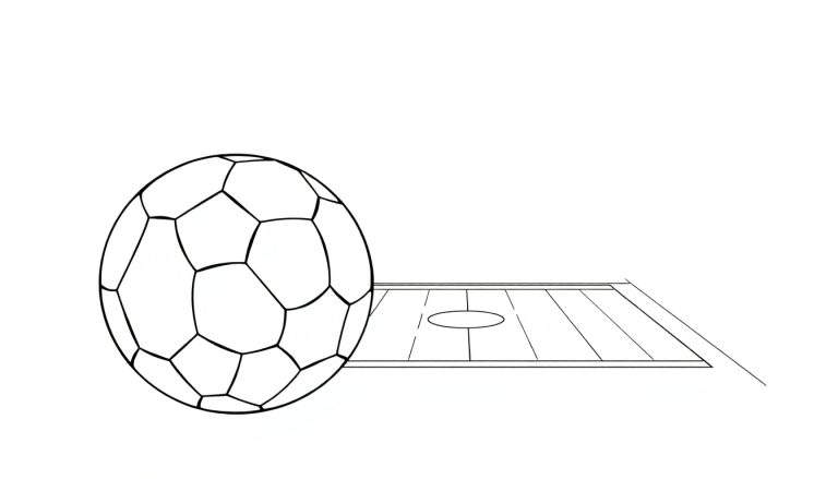 Ilustração em preto e branco de uma bola de futebol com hexágonos e pentágonos em um campo desenhado.