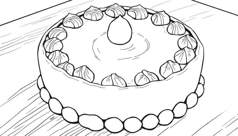 Bolo preto e branco desenhado em linha simples, com decoração circular na base e redemoinhos na cobertura, com uma gota maior no centro.