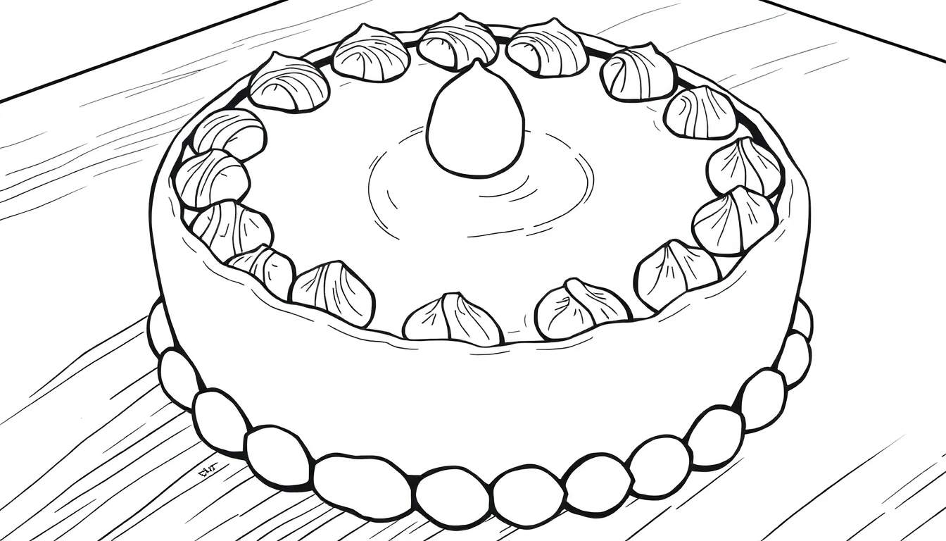Bolo preto e branco desenhado em linha simples, com decoração circular na base e redemoinhos na cobertura, com uma gota maior no centro.