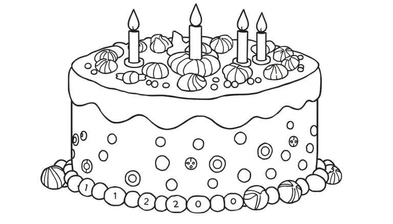 Um bolo de aniversário de dois andares com velas acesas, decoração de confeitos e cobertura escorrendo. Um color panel para escolher as cores.