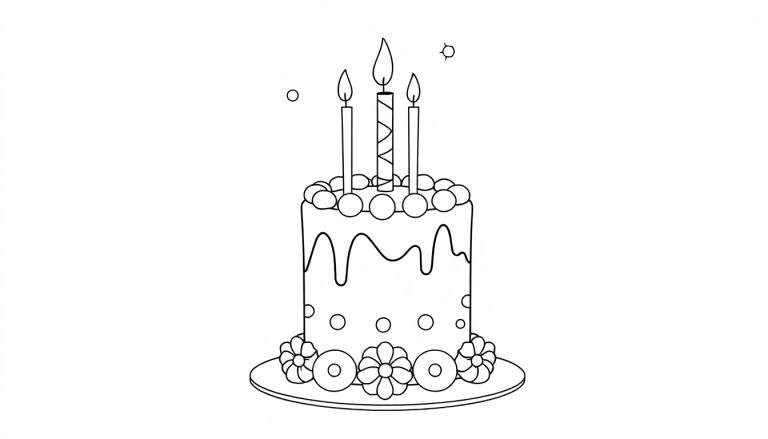 Um bolo de aniversário a colorir com velas acesas e balões coloridos, pronto para o color panel.