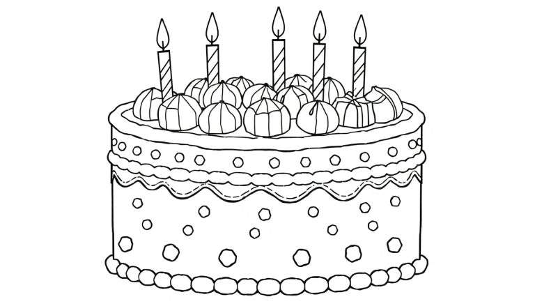 Um bolo de aniversário em preto e branco com dois andares, confeitos e velas, pronto para ser colorido a partir de um color panel.