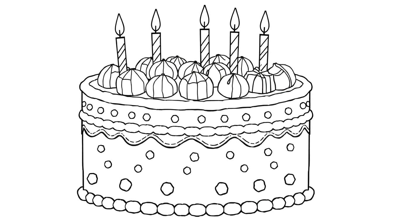 Um bolo de aniversário em preto e branco com dois andares, confeitos e velas, pronto para ser colorido a partir de um color panel.