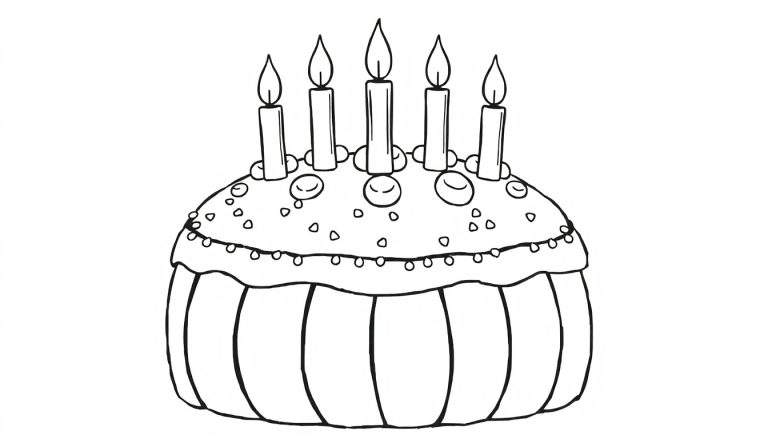 Um bolo de aniversário em estilo de livro de colorir com cinco velas acesas, com um topo arredondado e um padrão estriado na parte inferior, pronto para ser colorido.