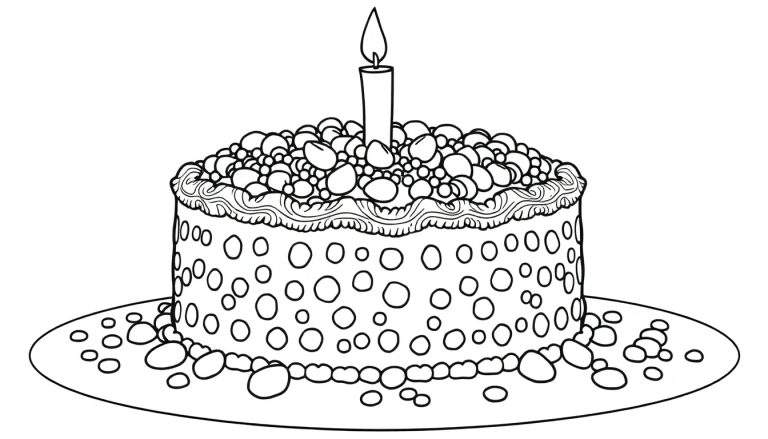 Um desenho de bolo de aniversário preto e branco com uma vela e decorações que parecem gemas, pronto para ser colorido.