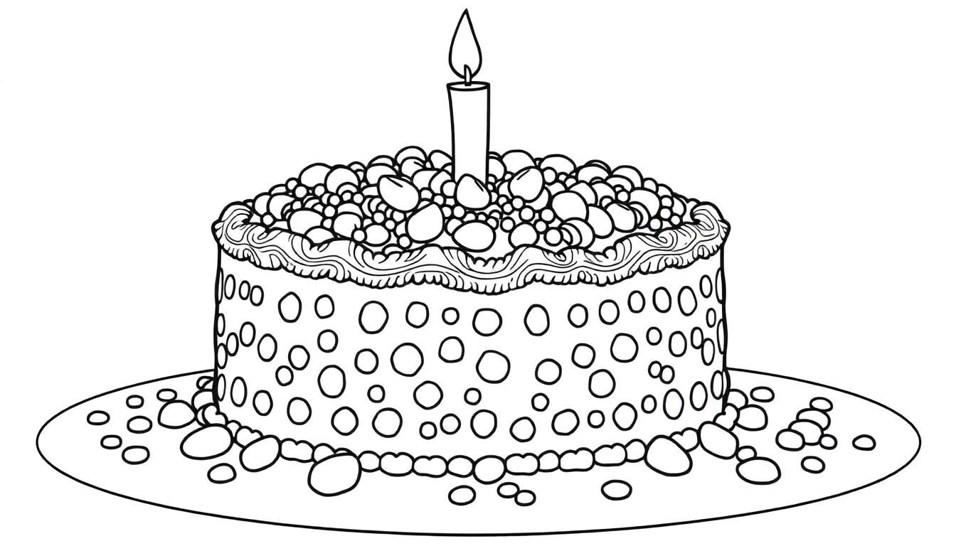 Um desenho de bolo de aniversário preto e branco com uma vela e decorações que parecem gemas, pronto para ser colorido.