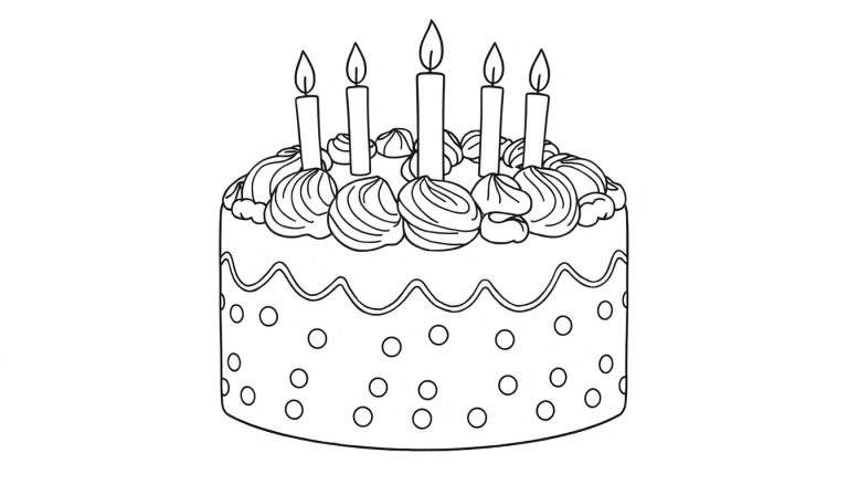 Desenho simples de um bolo de aniversário em preto e branco com cinco velas acesas e um padrão de bolinhas na lateral, com um color panel sugerido.