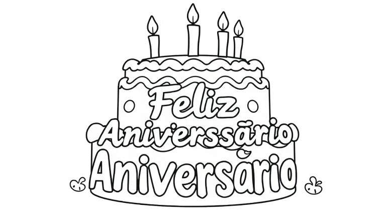 Um bolo de aniversário de três andares para colorir com cinco velas acesas no topo.