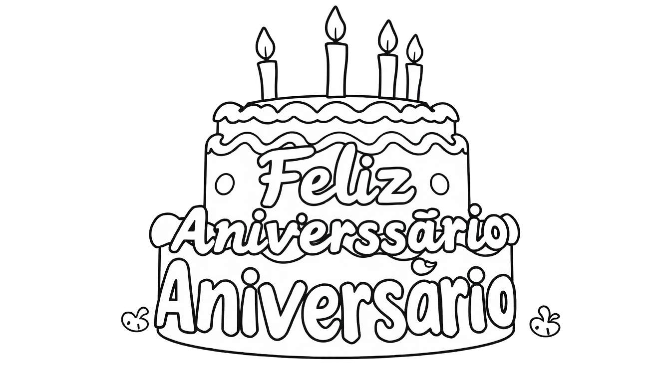 Um bolo de aniversário de três andares para colorir com cinco velas acesas no topo.