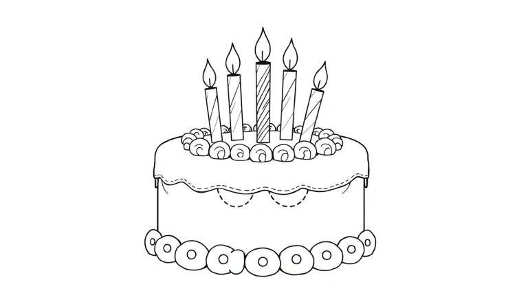 Um bolo de aniversário redondo e de duas camadas, decorado com rosas pequenas, velas acesas e anéis, pronto para ser colorido com o color panel.