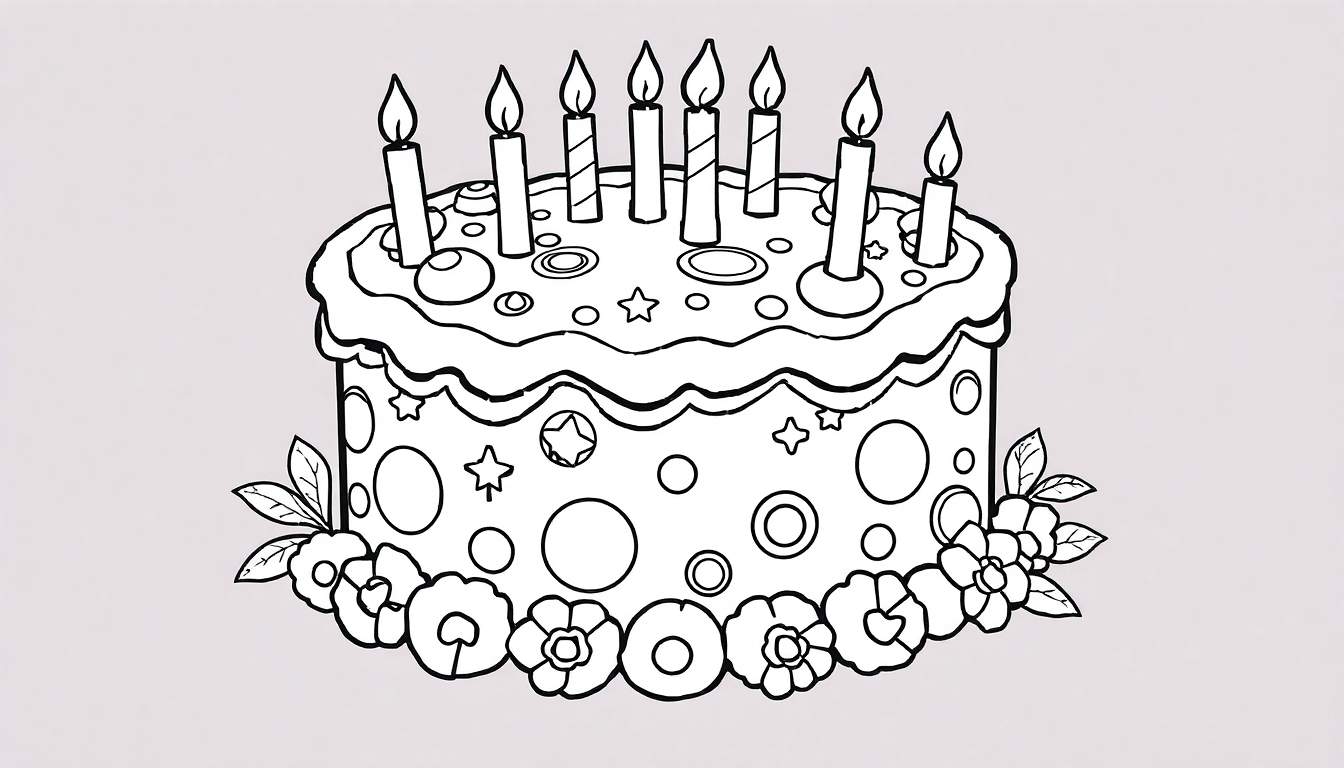 Um desenho de um bolo de aniversário com duas camadas, confeitos, flores e velas para colorir. Estilo de livro de colorir com linhas pretas e fundo cinza.