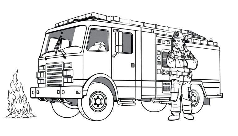 Desenho linear em preto e branco de um bombeiro em pé ao lado de um caminhão de bombeiros com uma pequena fogueira à frente.