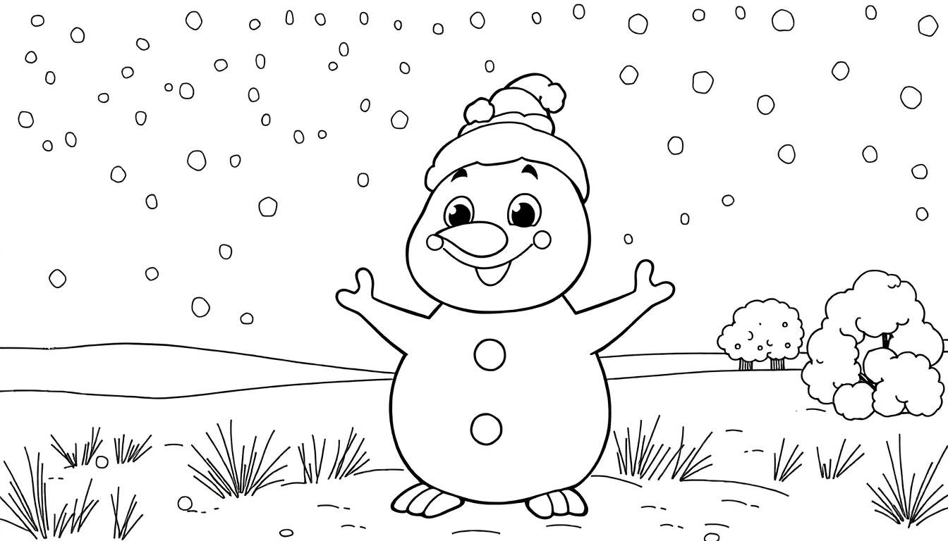 Um desenho a preto e branco de um boneco de neve sorridente num campo nevado, pronto para colorir num color panel.