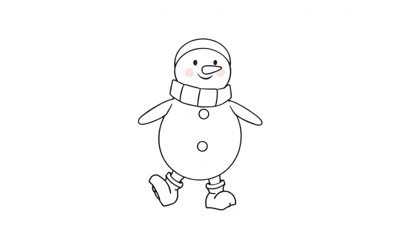 Boneco de neve a caminhar com gorro e cachecol, pronto para ser colorido.
