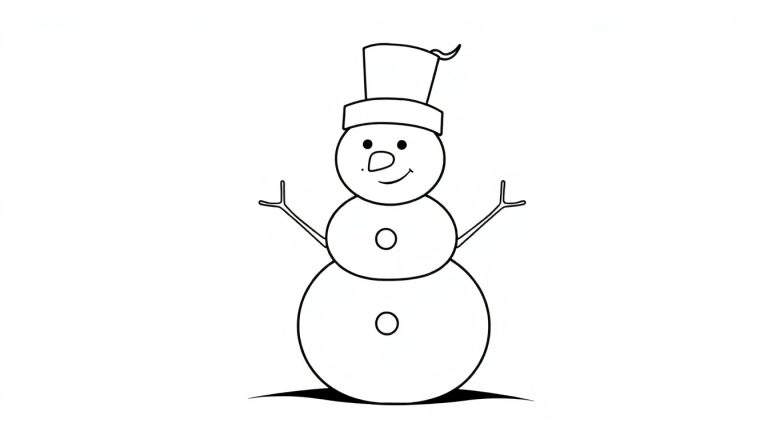Um boneco de neve sorridente com um chapéu e braços de galho, pronto para colorir.