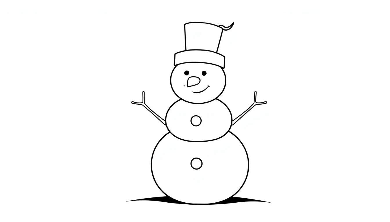 Um boneco de neve sorridente com um chapéu e braços de galho, pronto para colorir.