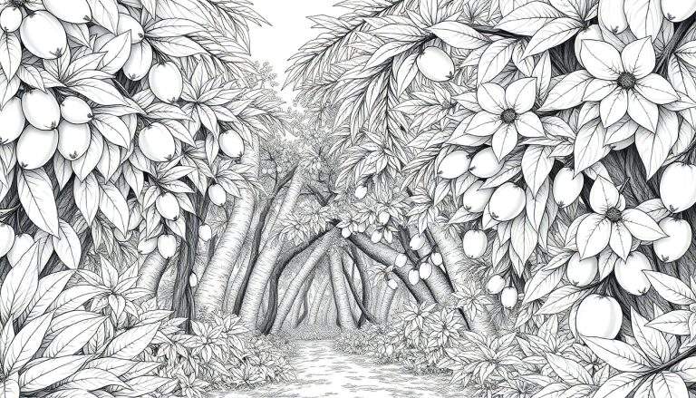 Um caminho encantado numa floresta desenhada em preto e branco, com árvores carregadas de frutos e flores. O caminho convida a entrar num túnel de folhagem, perfeito para colorir.
