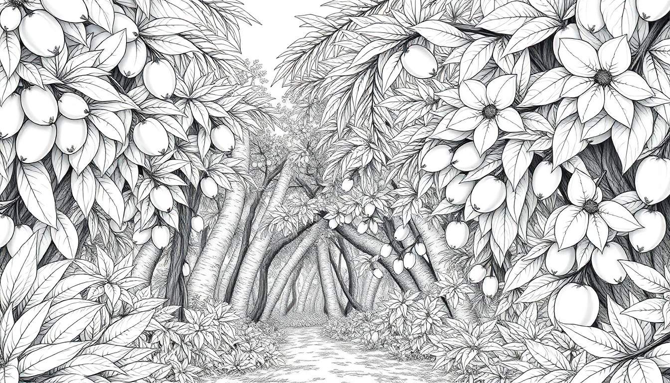 Um caminho encantado numa floresta desenhada em preto e branco, com árvores carregadas de frutos e flores. O caminho convida a entrar num túnel de folhagem, perfeito para colorir.