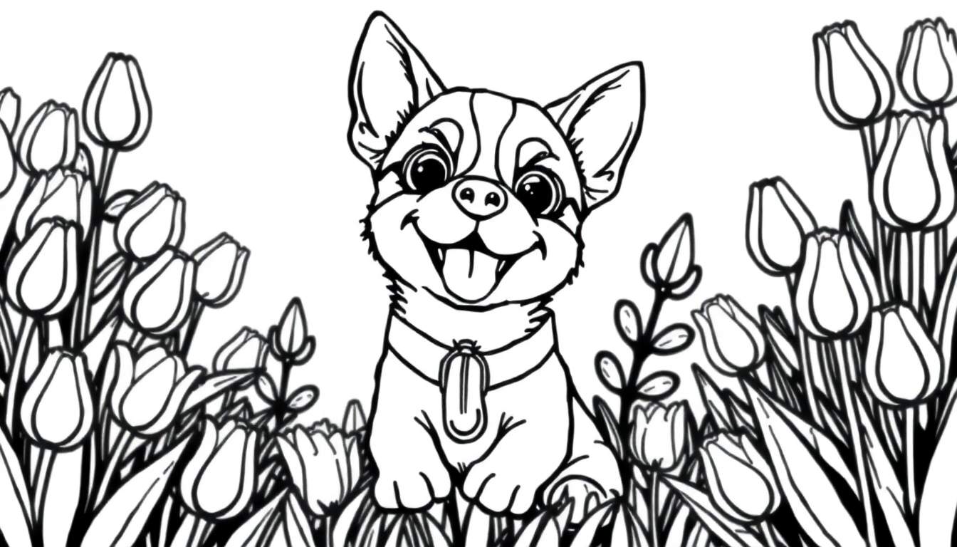 Um cachorrinho fofo em preto e branco sentado em um campo de tulipas, pronto para ser colorido em um color panel.