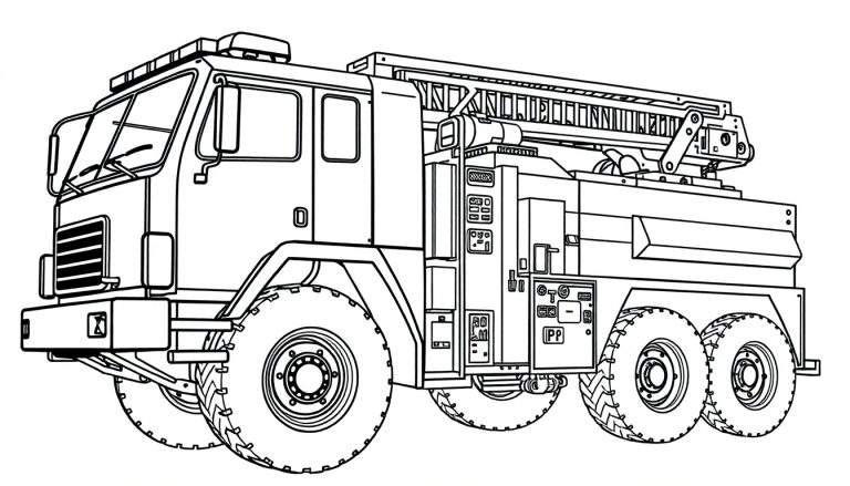 Um desenho de linha de um caminhão de bombeiros com uma escada no topo, pronto para ser colorido. Inclui a opção de colorir um painel.