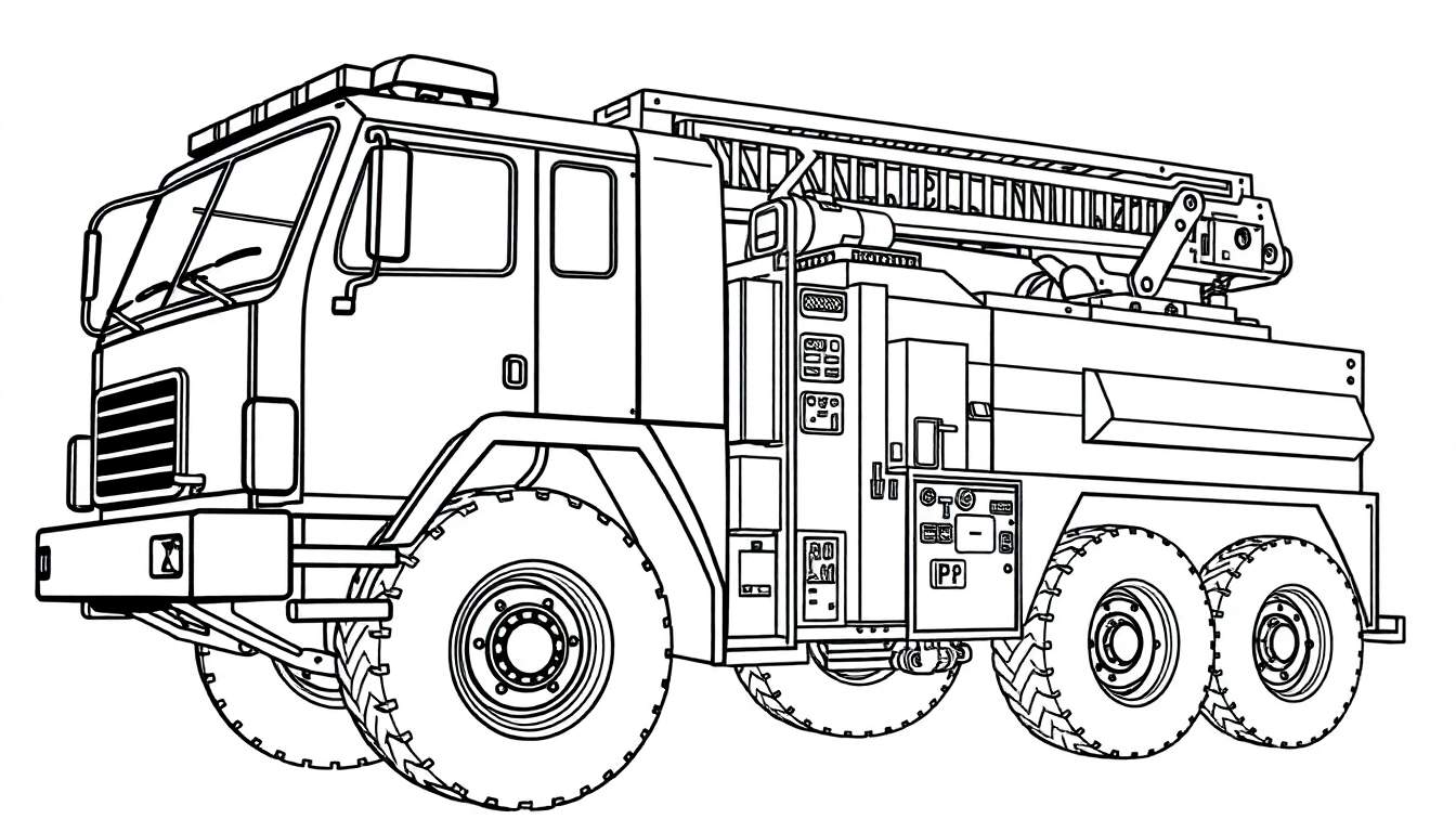 Um desenho de linha de um caminhão de bombeiros com uma escada no topo, pronto para ser colorido. Inclui a opção de colorir um painel.