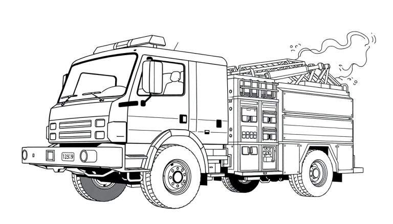 Um caminhão de bombeiros em estilo de linha preta e branca, virado para a esquerda, com pneus grandes, detalhes do motor, cabine visível e equipamento na parte traseira. Uma escada está no topo e fumaça sai da parte de trás.