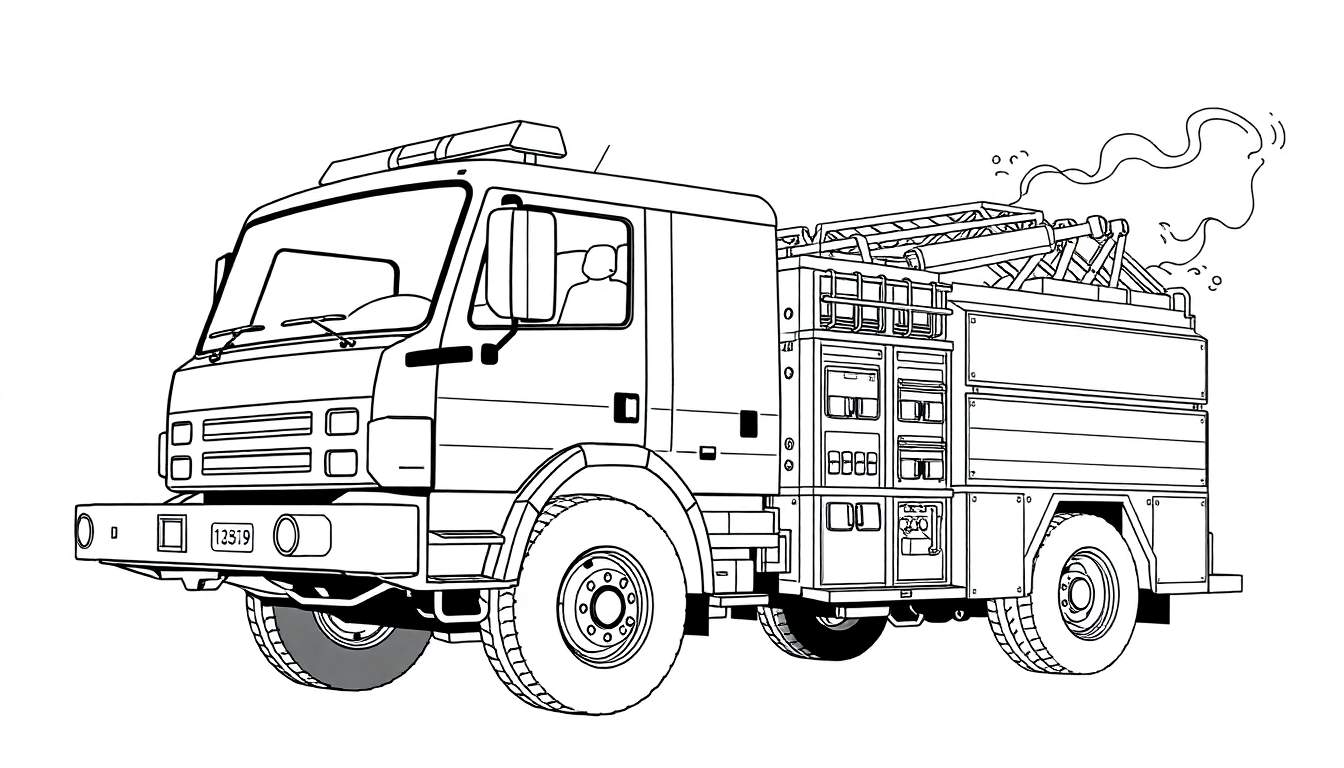 Um caminhão de bombeiros em estilo de linha preta e branca, virado para a esquerda, com pneus grandes, detalhes do motor, cabine visível e equipamento na parte traseira. Uma escada está no topo e fumaça sai da parte de trás.