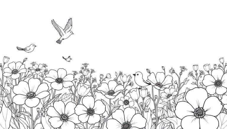 Um desenho a preto e branco de um campo de flores com pássaros voando no céu. color panel.