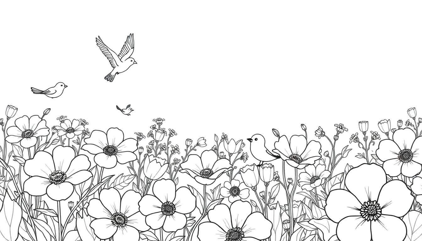 Um desenho a preto e branco de um campo de flores com pássaros voando no céu. color panel.