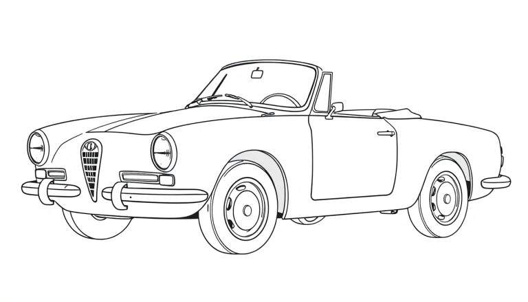 Um desenho de linha de um carro conversível clássico em perspectiva de três quartos, com linhas limpas e detalhes proeminentes, pronto para colorir com um color panel.