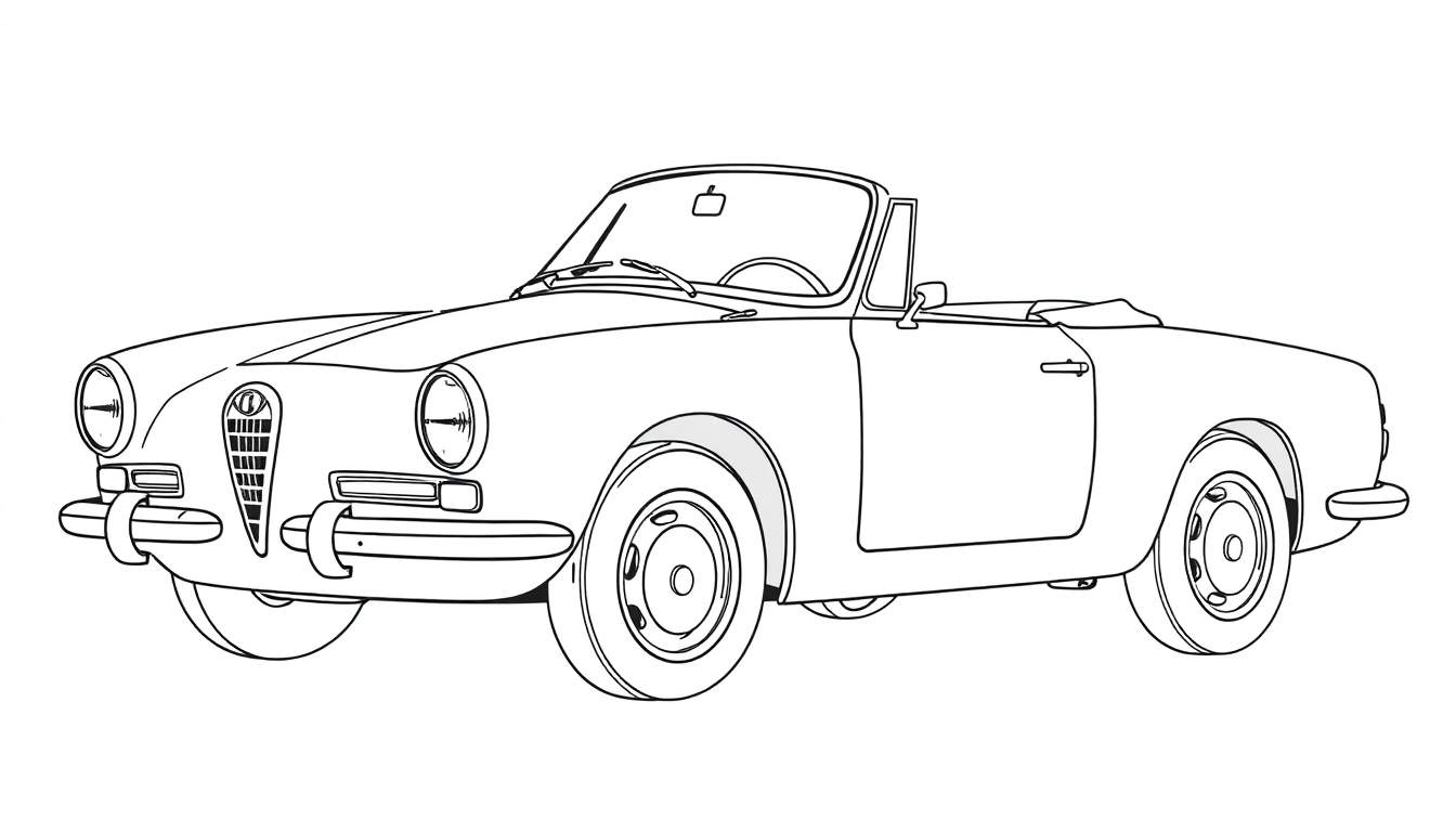 Um desenho de linha de um carro conversível clássico em perspectiva de três quartos, com linhas limpas e detalhes proeminentes, pronto para colorir com um color panel.