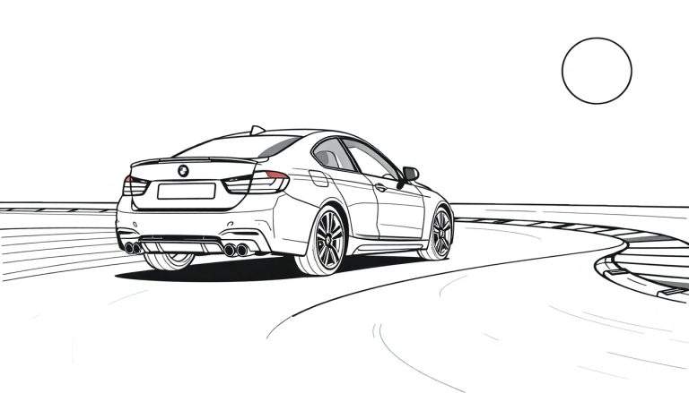 Um carro esportivo BMW em preto e branco com um spoiler traseiro e quatro escapamentos em uma pista de corrida, pronto para ser pintado. O design lembra um color panel para crianças.