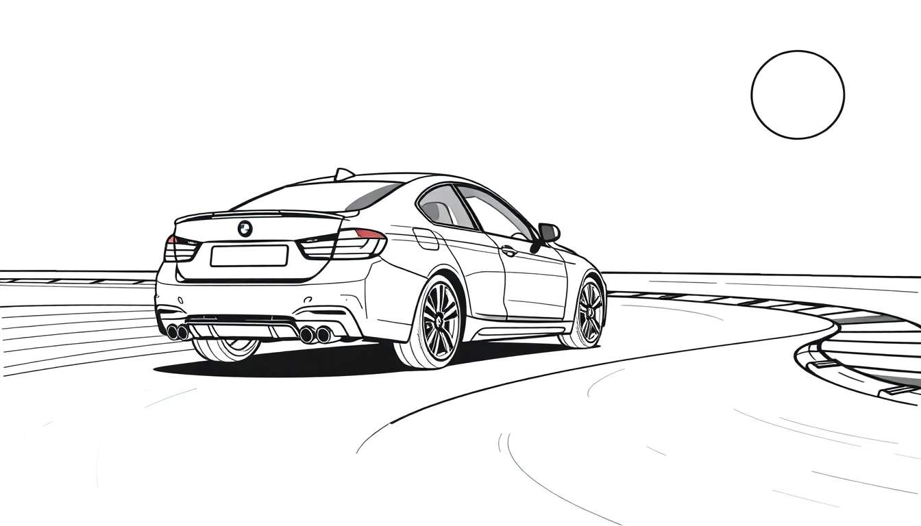 Um carro esportivo BMW em preto e branco com um spoiler traseiro e quatro escapamentos em uma pista de corrida, pronto para ser pintado. O design lembra um color panel para crianças.