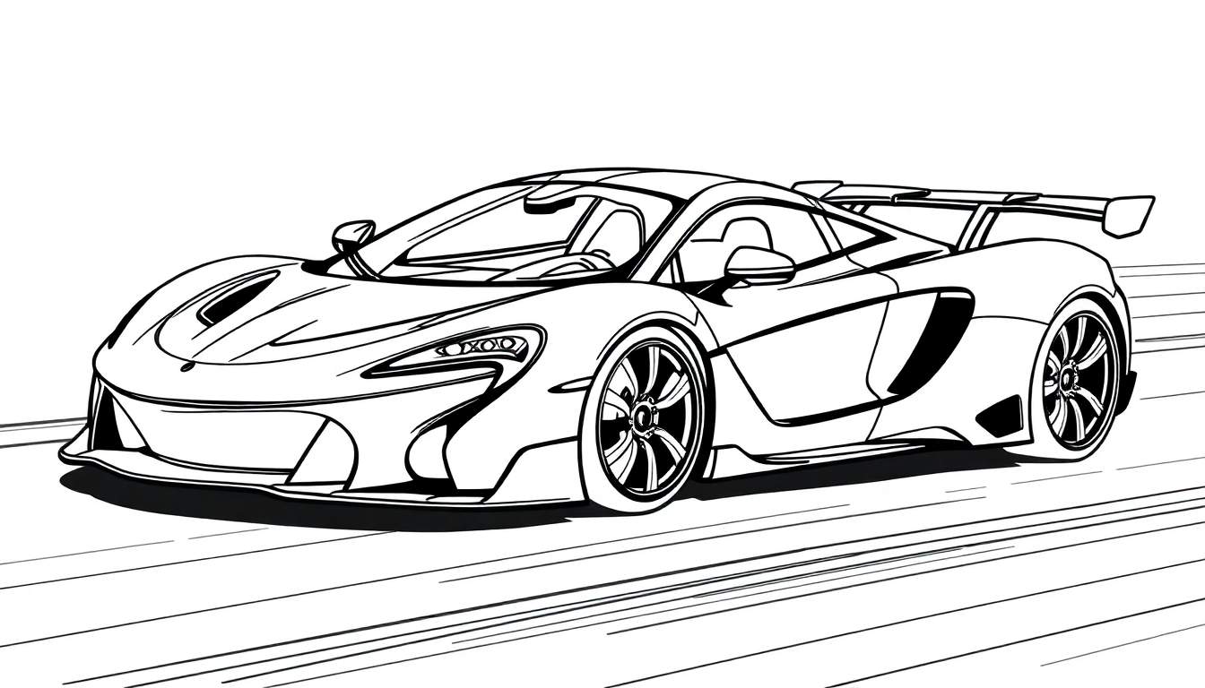 Um desenho em preto e branco de um carro esportivo elegante com linhas de velocidade, ideal para um color panel.