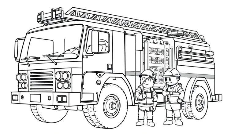 Um desenho de linha em preto e branco de um carro de bombeiros com uma escada e dois bombeiros.